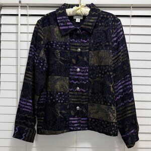 Christopher and Banks black, purple, green, long sleeve textured jacket; Size L.